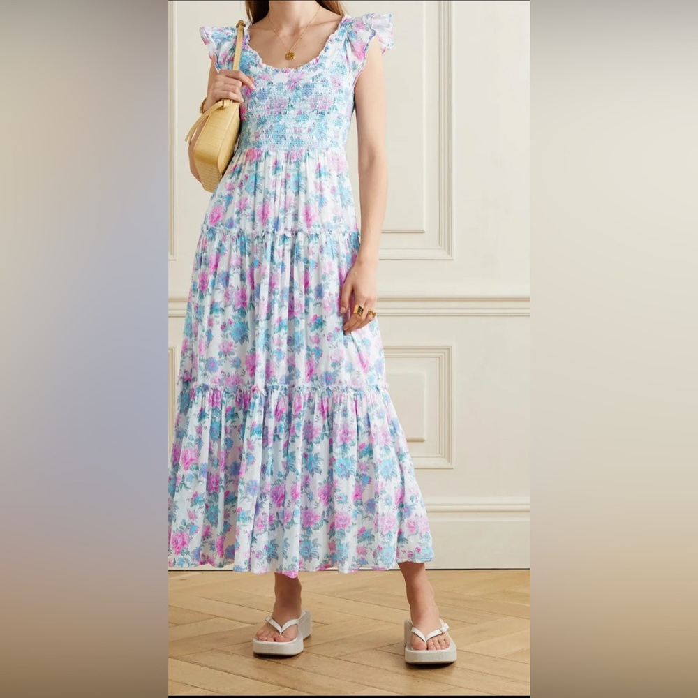 LoveShackFancy Floral Midi Dress in Blue and Pink